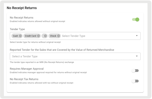 No Receipt Returns settings in Retail Coud CMS.