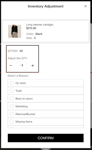 The Inventory Adjustment window in the POS app.