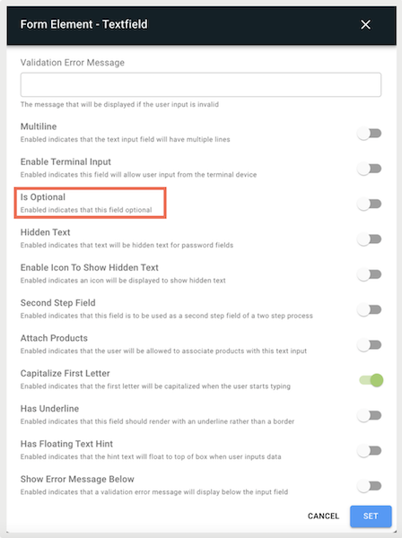 The Form Element being set to optional in Point of Sale CMS.