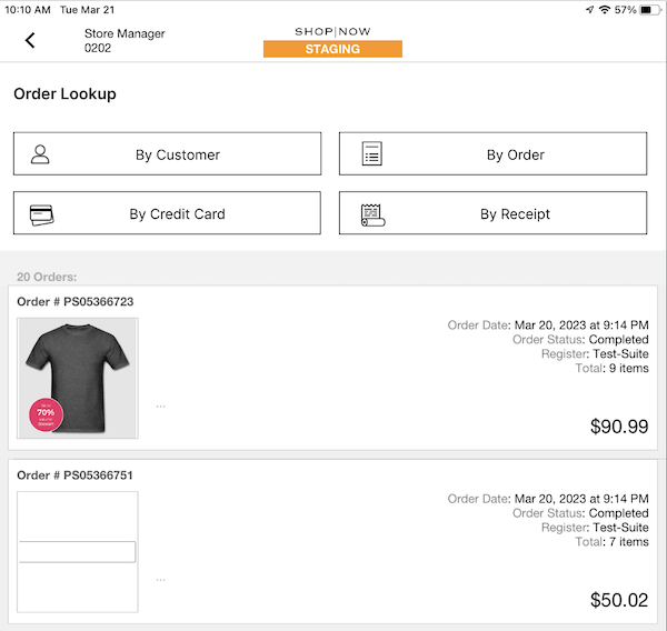 The Order Lookup screen in the POS app.