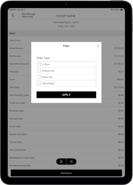 The Filter window for order types in the POS app.