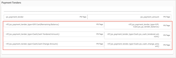 Payment tender PS tags configured in Point of Sale CMS.