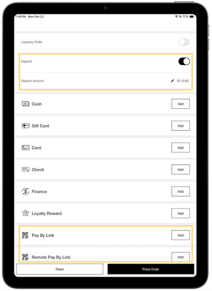 The Pay by Link Deposit and Amount settings in the POS app.
