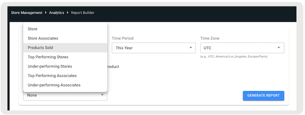 The Report Builder in Point of Sale CMS, filtered to Products Sold.