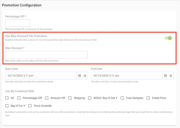 The Has Max Discount Per Promotion setting in Point of Sale CMS.