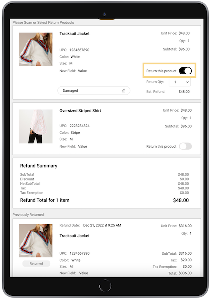 A shopping cart in the POS app with the Return this product switch turned on.