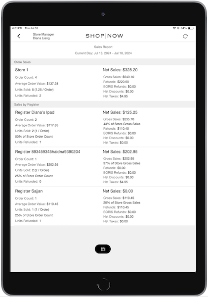 The Store Sales Report with Register Breakdown on the POS app.