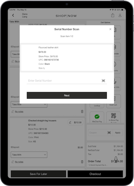 The Serial Number Scan window in the POS app.