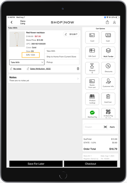 The Serialized Products display at checkout in the POS app.