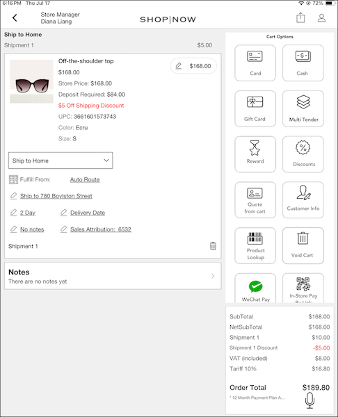 The Checkout Screen in the POS app that shows a shipping discount.