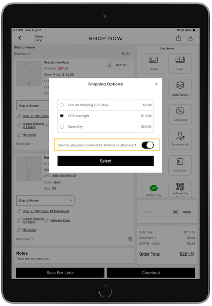 The Shipping Options window in the POS App.
