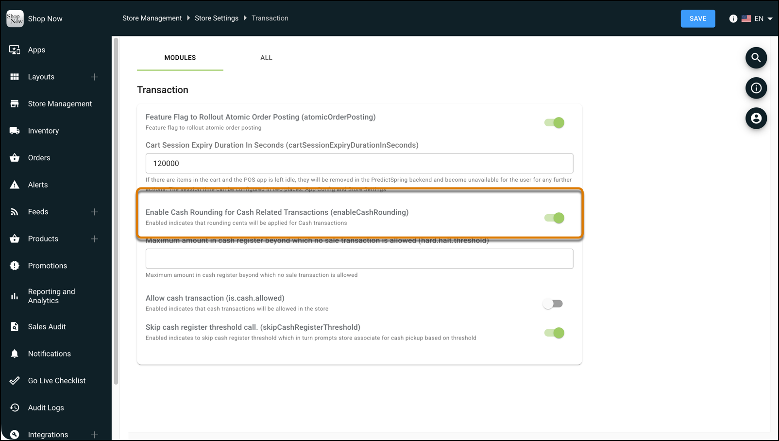 The transaction settings in Point of Sale CMS.