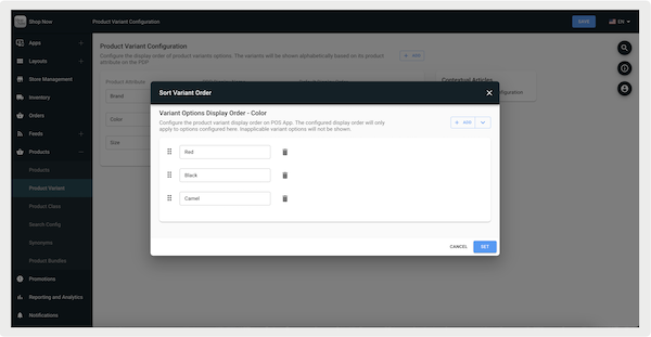 The Sort Variant Order window in Point of Sale CMS.