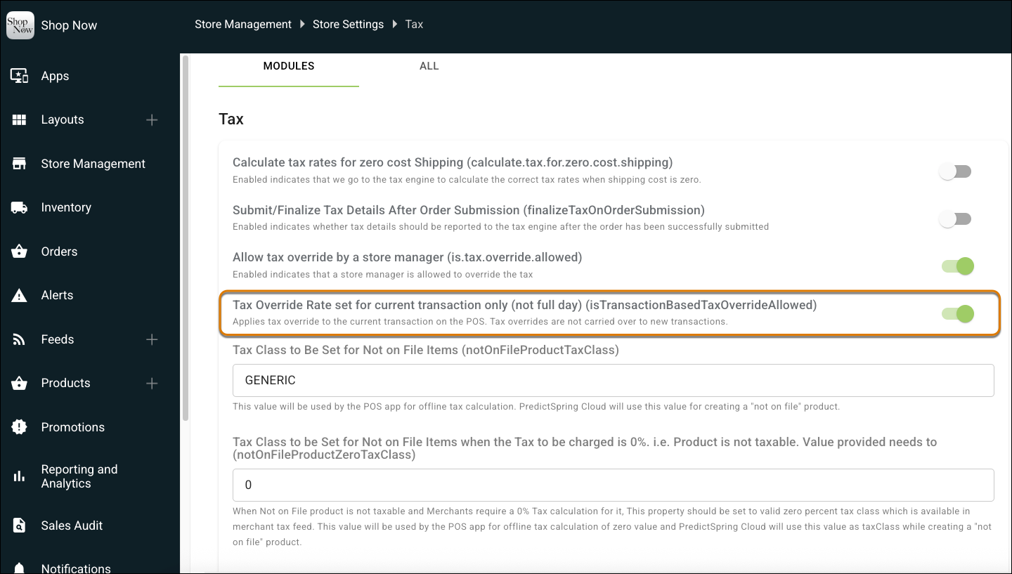 The Tax Store Settings in Point of Sale CMS.