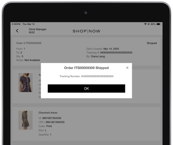 The shipping ID for STS and RTV transfers in the POS app.