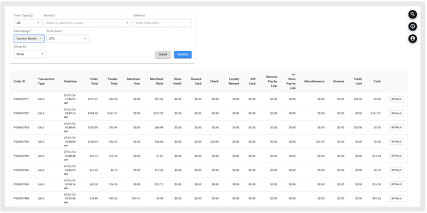 Grouping transaction types by date range, transaction type, and order ID.