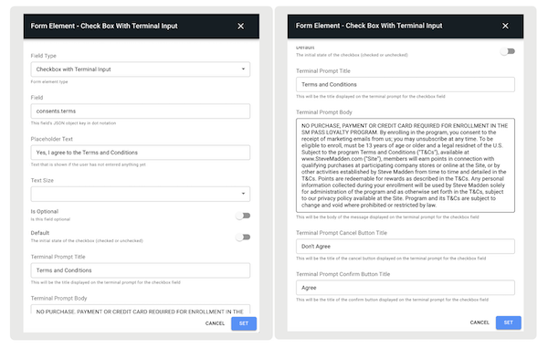 The Check Box with Terminal Input showing terms and conditions in Point of Sale CMS.