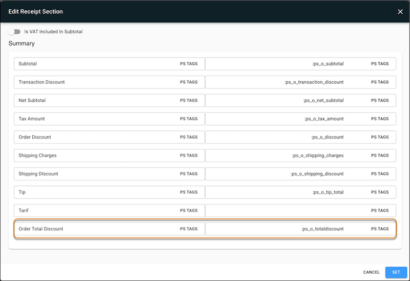 The Order Total Discount PS Tag in Point of Sale CMS.