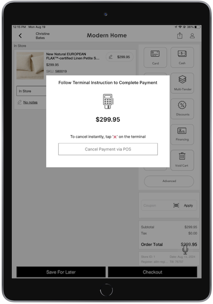 The Follow Terminal Instructions to Complete Payment window in the POS app.