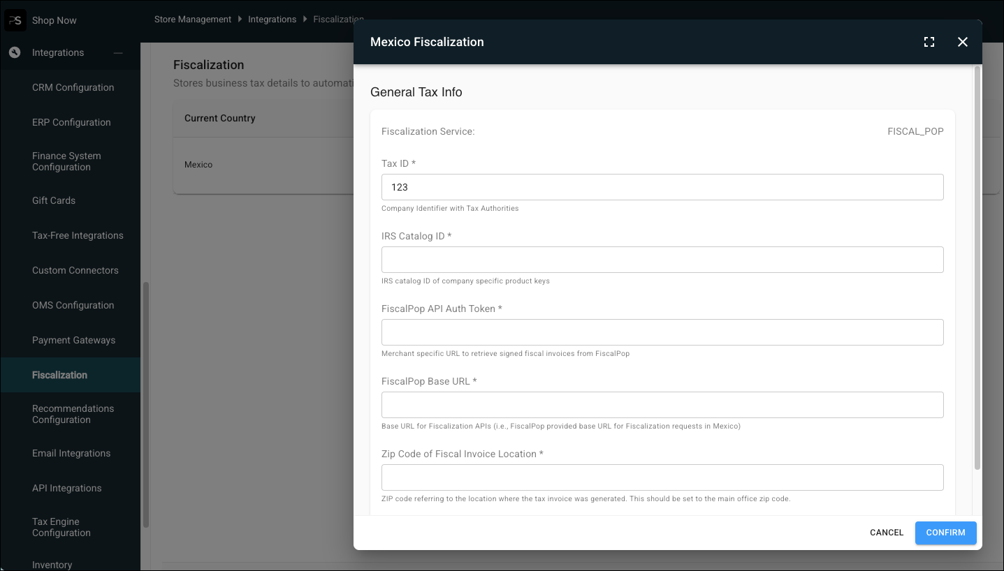 The fiscalization settings in Point of Sale CMS.