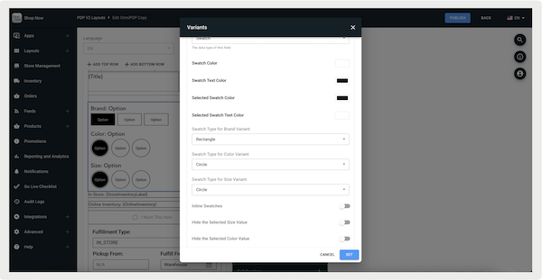 The Variants window in Point of Sale CMS.
