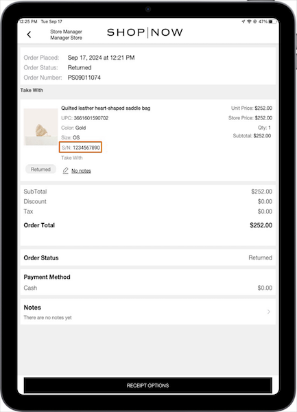 The Serial Number for tracking a product in the POS app.