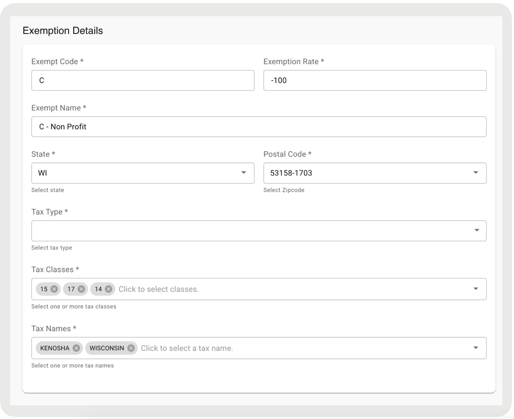 A form shows exemption details, including tax classes and tax names.