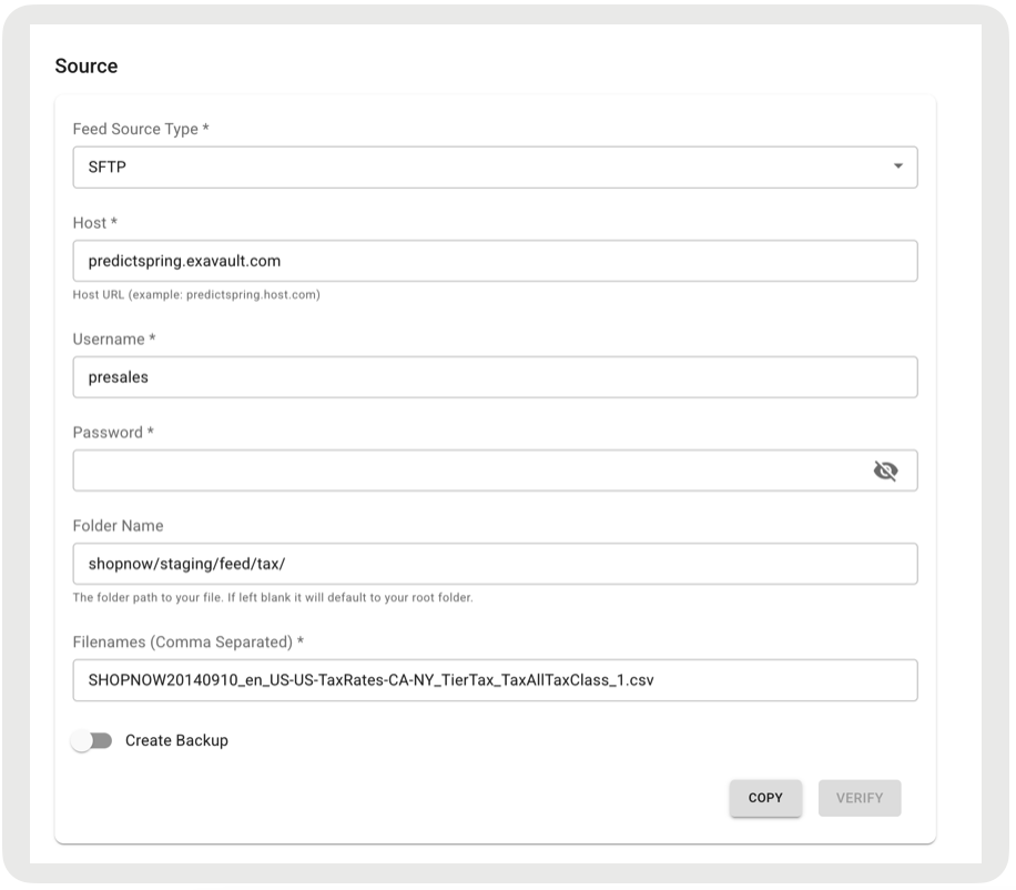 A form with fields for feed source type, host, username, password, folder name, and filenames.