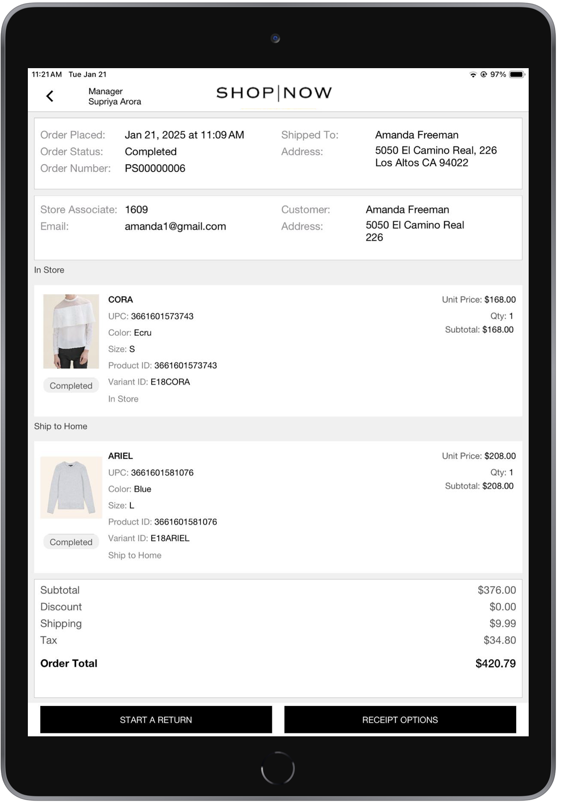 A receipt showing an order total of $420.79.