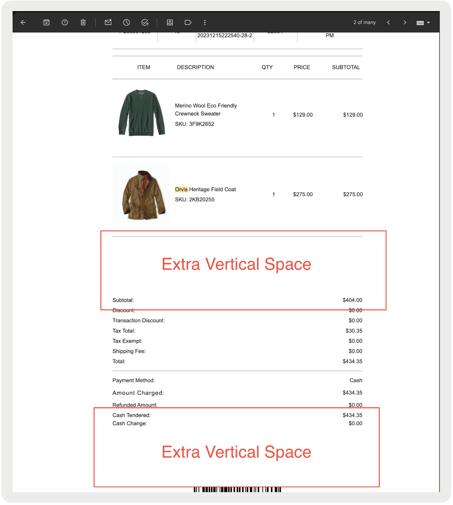 A screen shows extra vertical space in a layout.