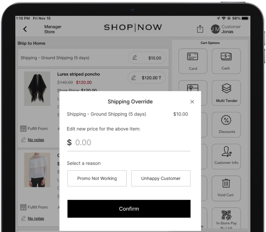 The shipment fee override entry showing the new amount and reason for a shipment.