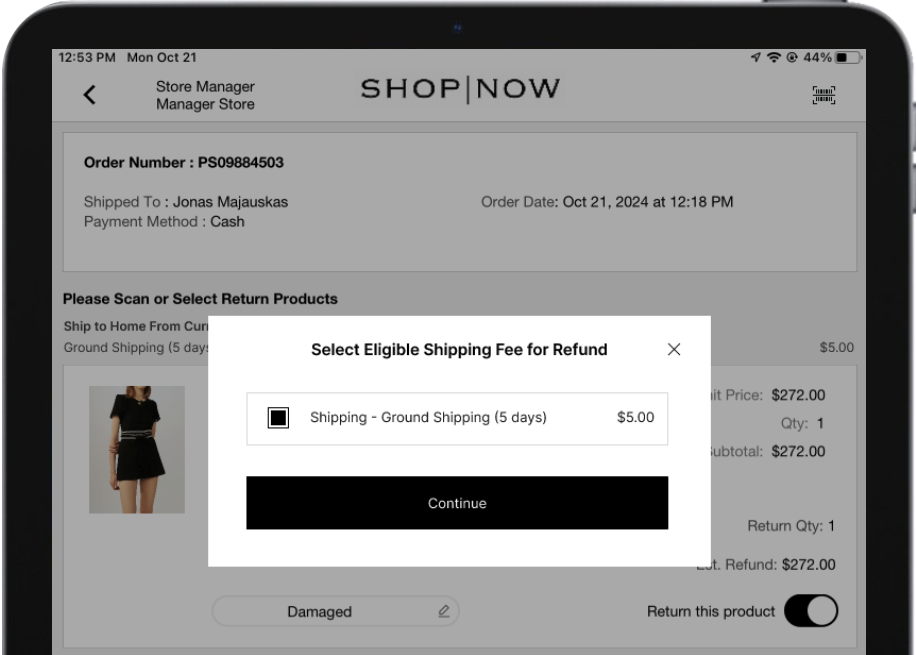 The Eligible Shipping Fee for Refund window listing shipments available for a shipping refund during a return.