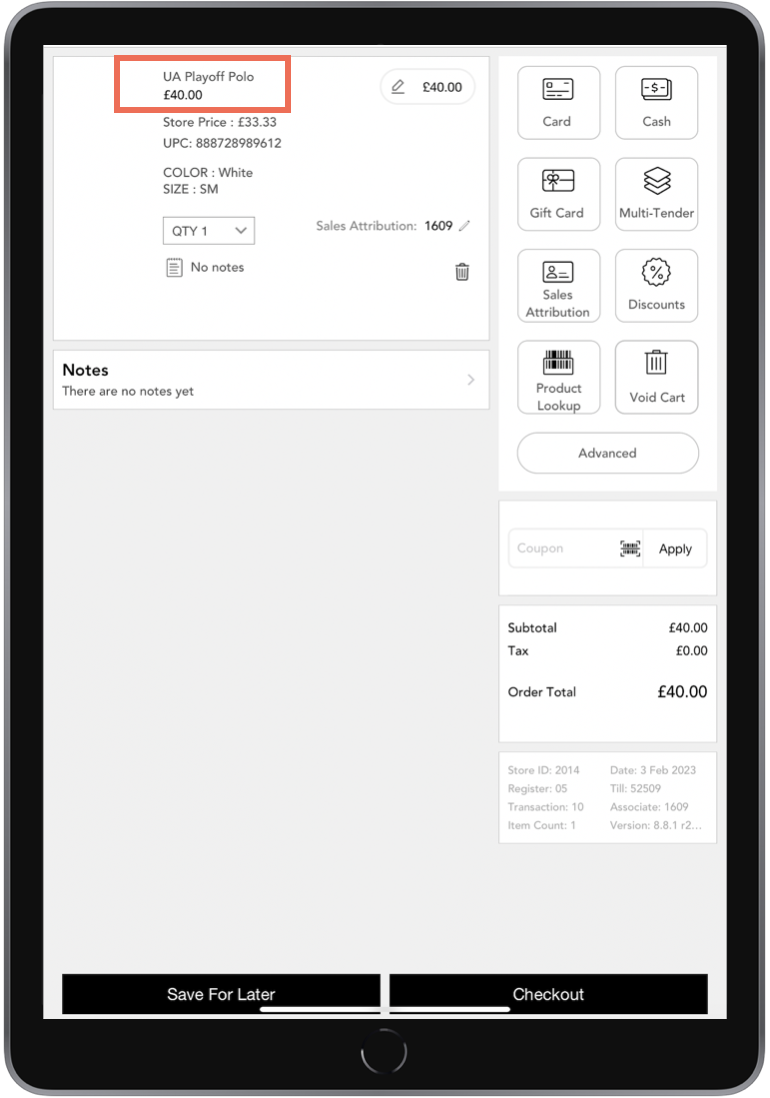A screenshot of the POS app showing the override of the store price by the sale price at checkout.