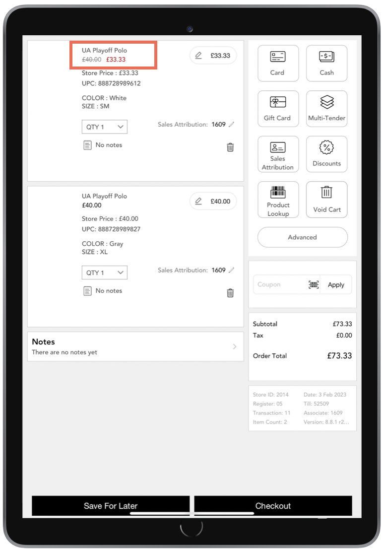 A screenshot of the POS showing the store price overriding the sale at checkout.
