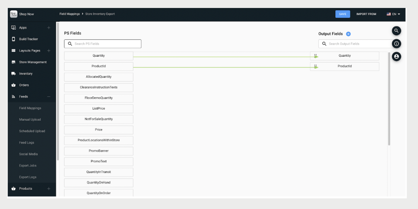 A screenshot shows the field mapping for a store inventory delta export.