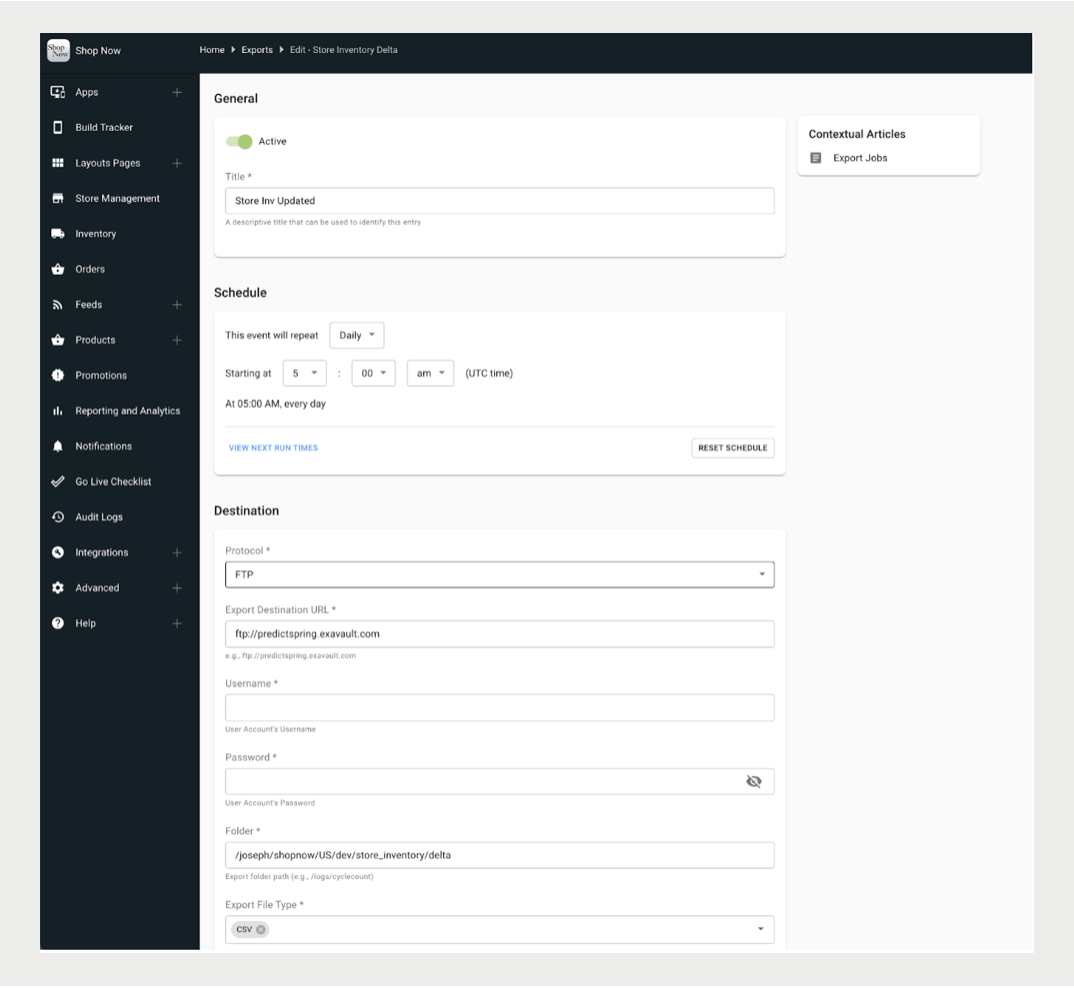 A screenshot shows the settings for a store inventory delta export.