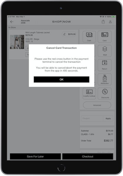 An cancel card transaction error message.