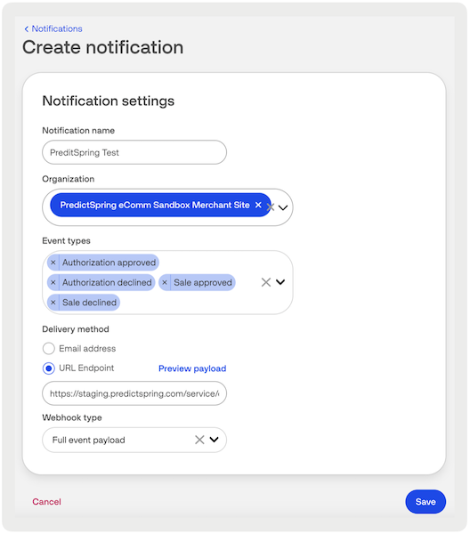 The Create Notification screen in Verifone Central.