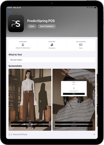 The new TestFlight PS POS app screen on your iOS device.