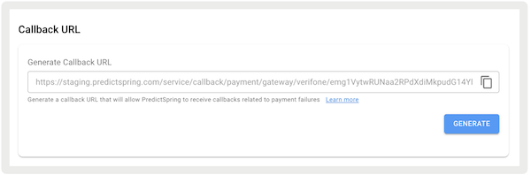 The Callback URL screen in the Payment Gateway section of Verifone Central.