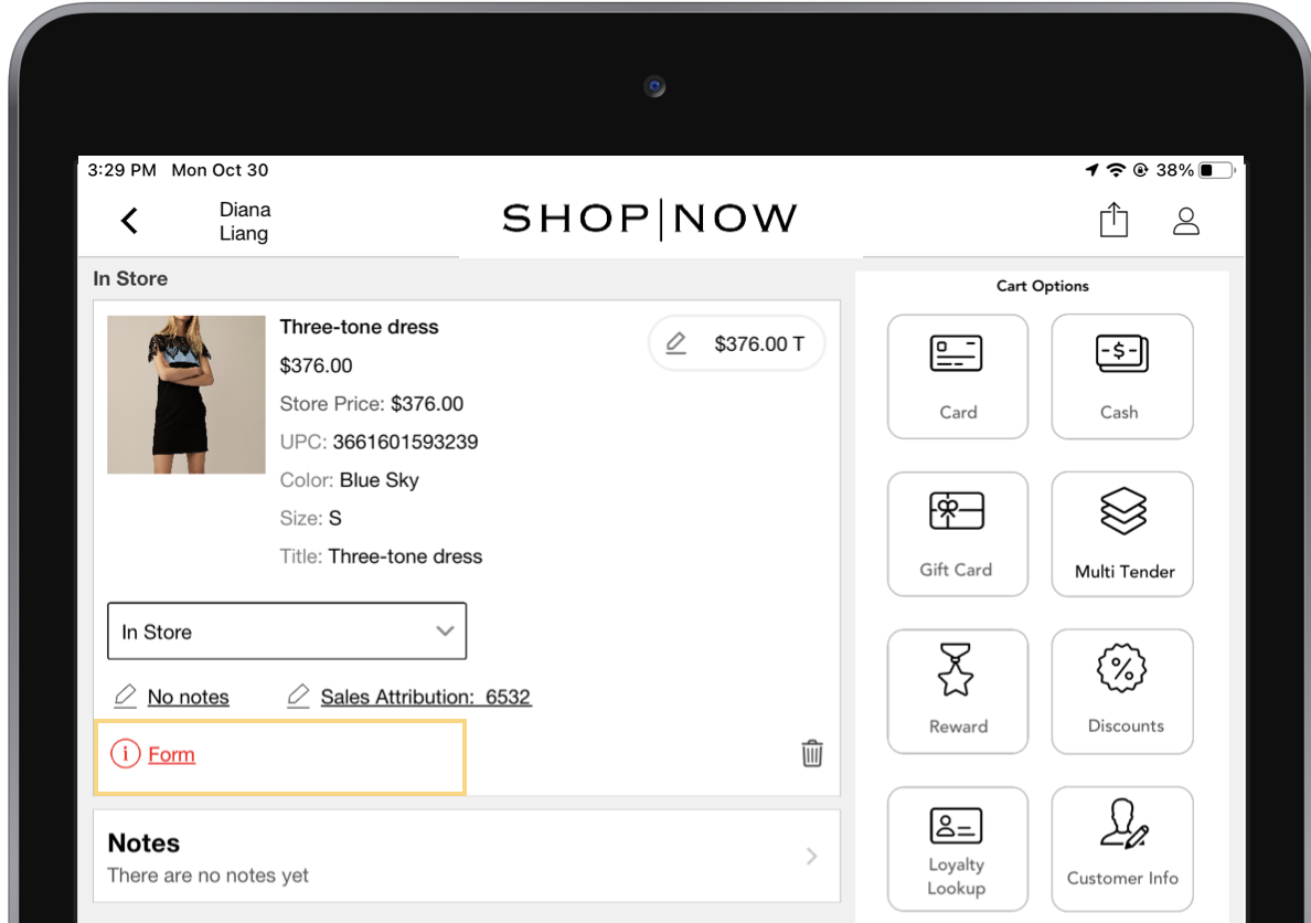 A cart screen highlighting the icon for an unfilled form.