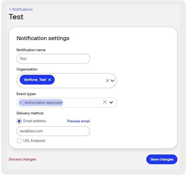 The notification settings for the Test notification in Verifone Central