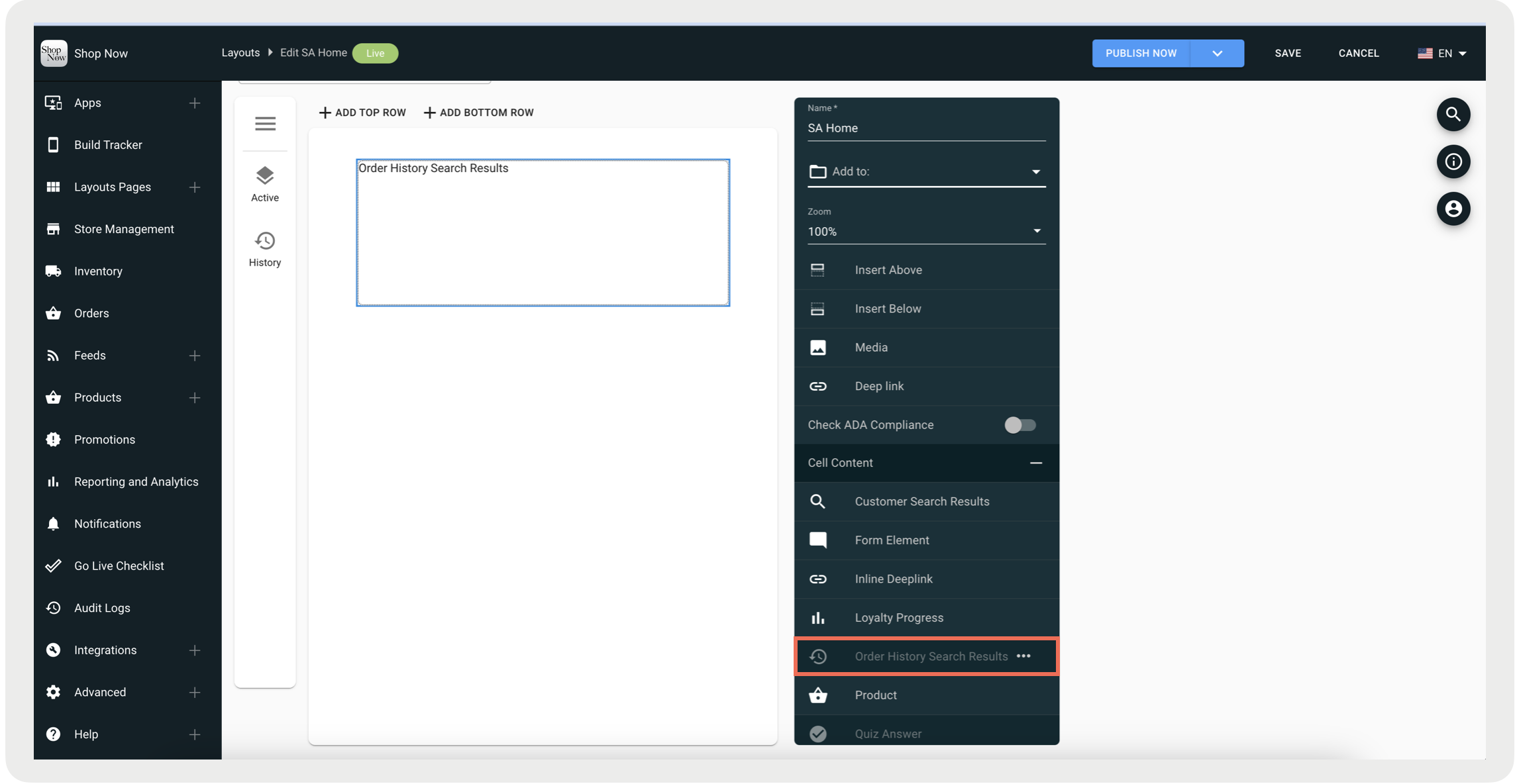 The CMS shows the layout editor.