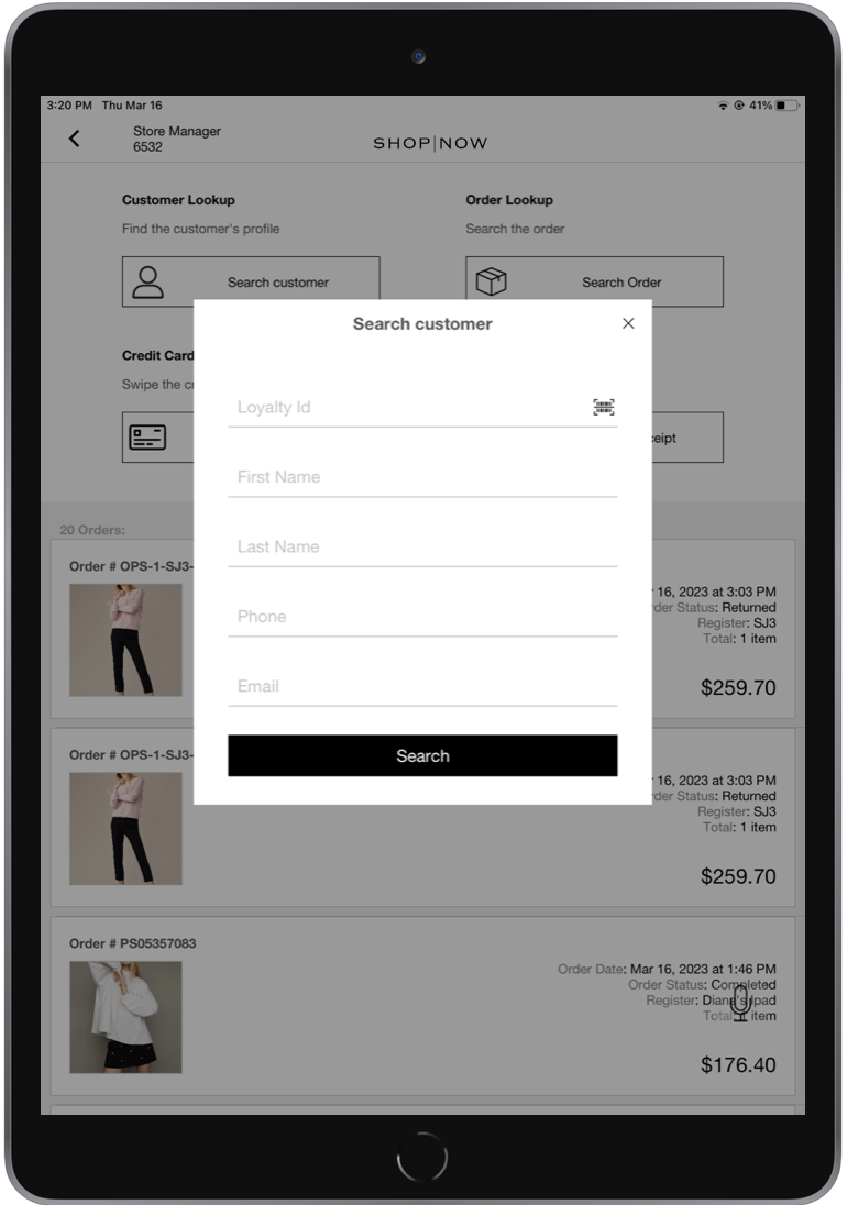 The POS app shows the Order History Search by Customer interstitial.