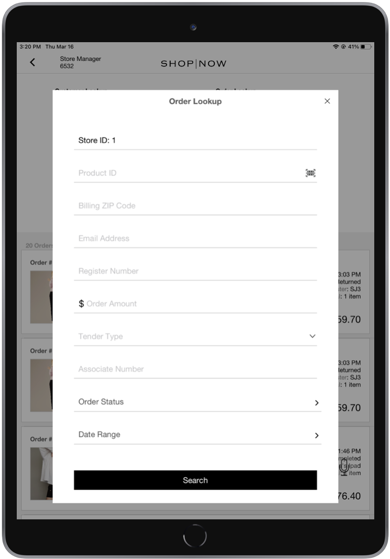 The POS app shows the Order History Search by Filters interstitial.