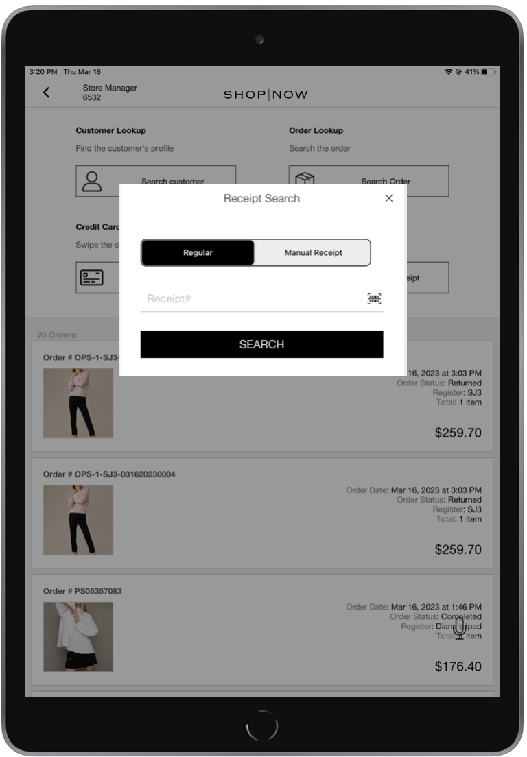 The POS app shows Order History Search by Receipt in interstitial for Portugal.