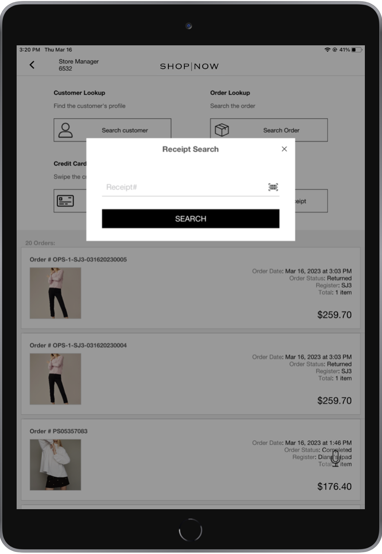The POS app shows the Order History Search by Receipt interstitial when using the manual receipt feature.
