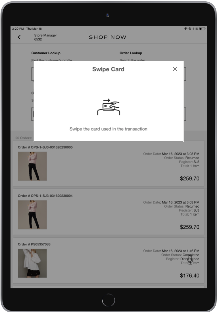 The POS app shows the Order History Search by Credit Card interstitial.