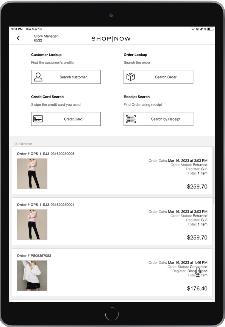The POS app shows the Order Search Results View interstitial.
