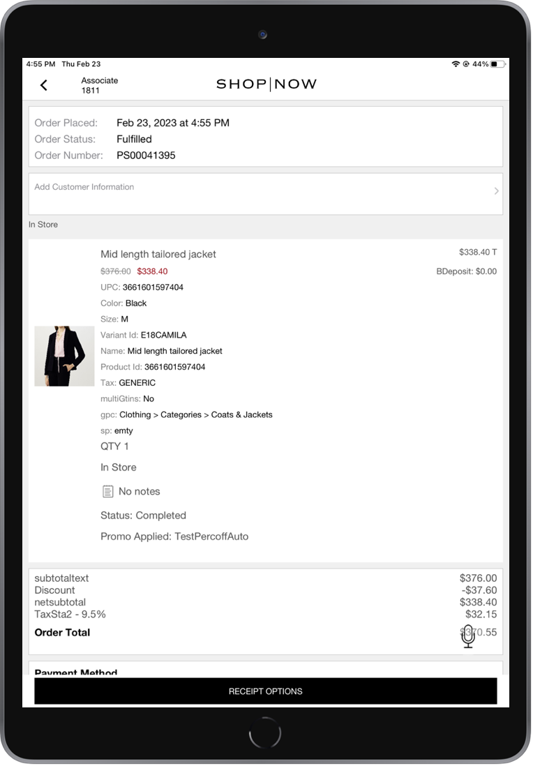 The POS app shows the Order History Details interstitial.